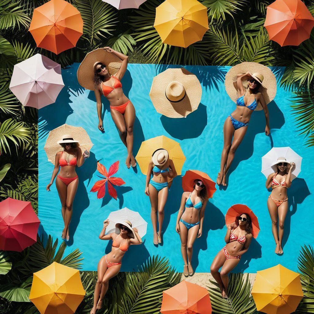 A vibrant poolside scene featuring diverse models of all body types showcasing stylish swimwear, with colorful beach umbrellas and tropical plants in the background. The sunlight gleams off the water, creating a warm and inviting atmosphere. Include playful accessories like hats and sunglasses to enhance the fashion aspect. super-realistic. vibrant colors. summer vibe.